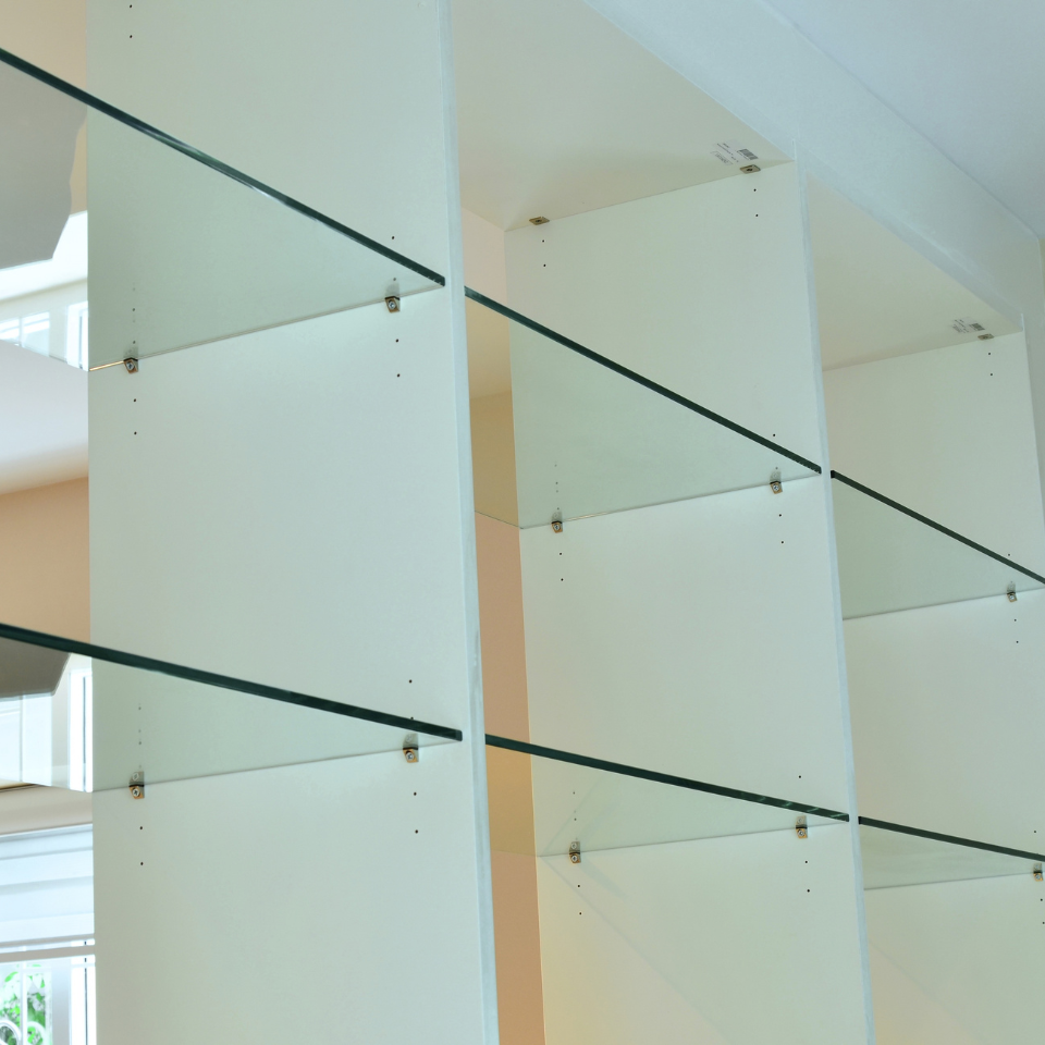 Glass Shelves Window replacement in the living room of a San Diego home