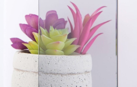 Gray Glass Sample Sample image of gray colored glass in front of succulent plant and vase.